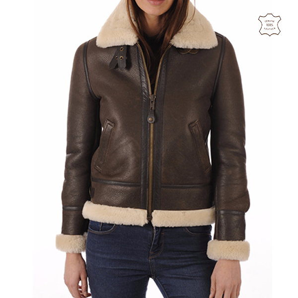 Brown Fur Bomber Leather Jacket For Women